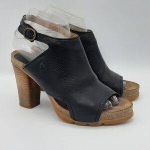 Fly London Black Leather Peep-Toe Stack Heel Boho Sandal Size EU 37.